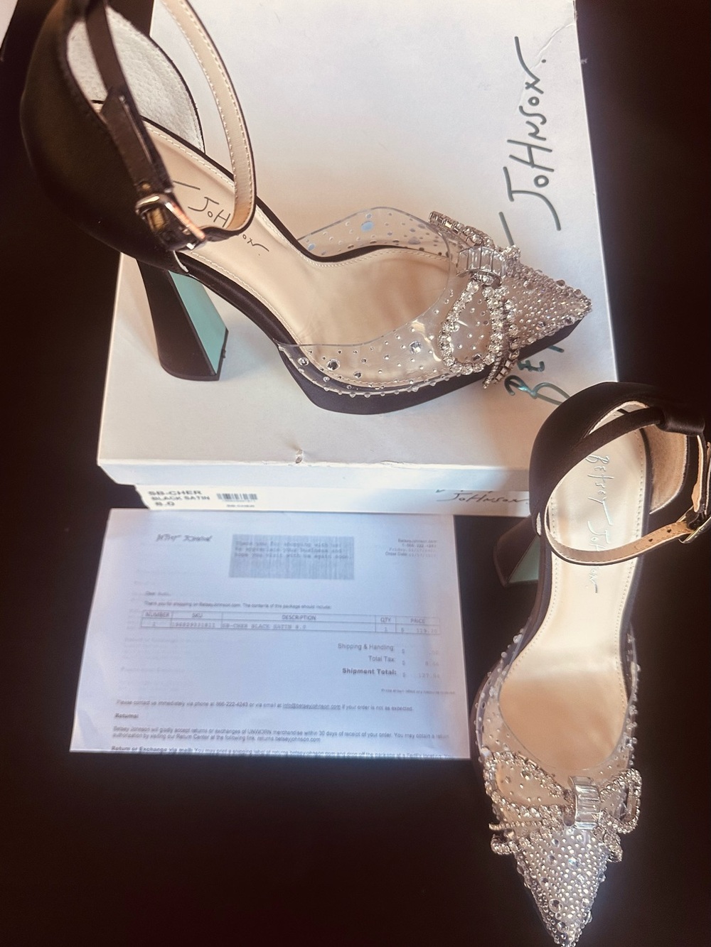 Betsey Johnson Black and Clear Crystal Bow Pointed Ankle-Strap Heels
